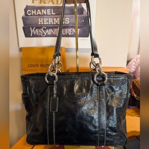 Coach Shiny Black Tote Bag With Silver Hardware